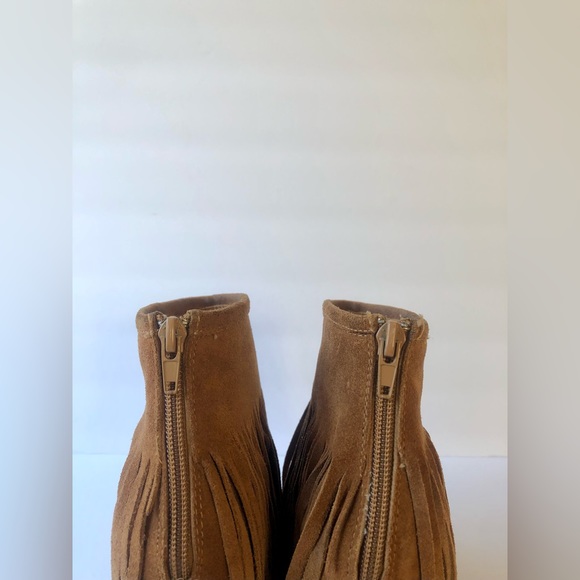 🧡 N.Y.L.A. GRAVANO COGNAC LEATHER FEINGE BOOTIE HEEL ANKLE BOOTS 6.5 - Picture 7 of 8